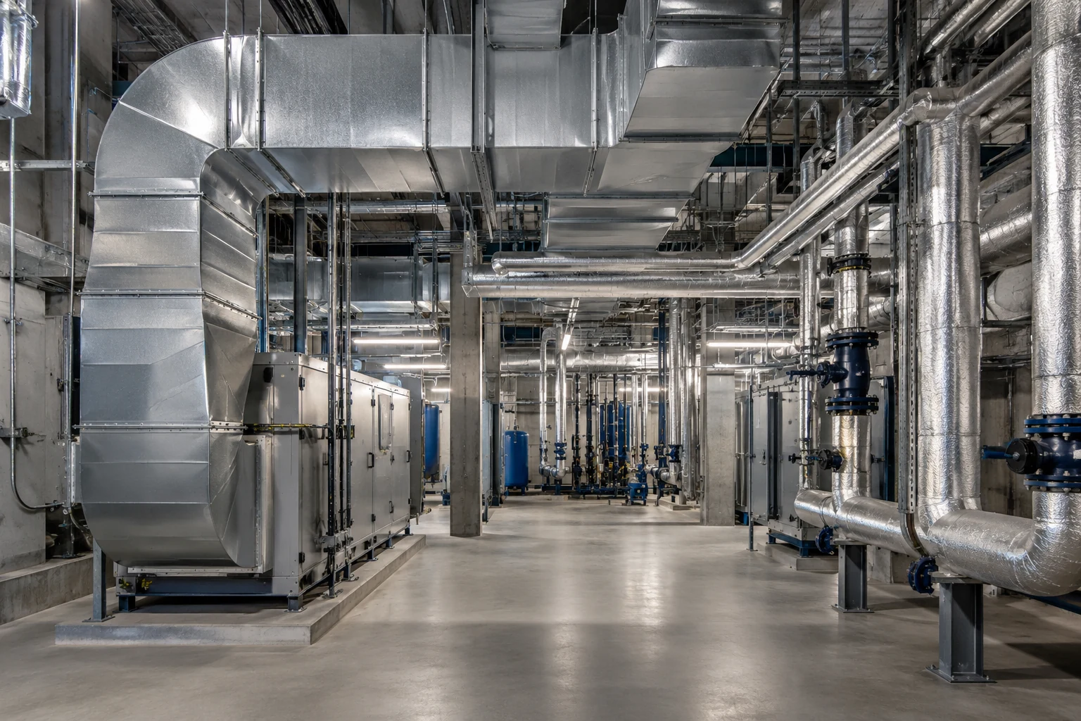 Organized ductwork, piping, and conduits in a commercial mechanical room